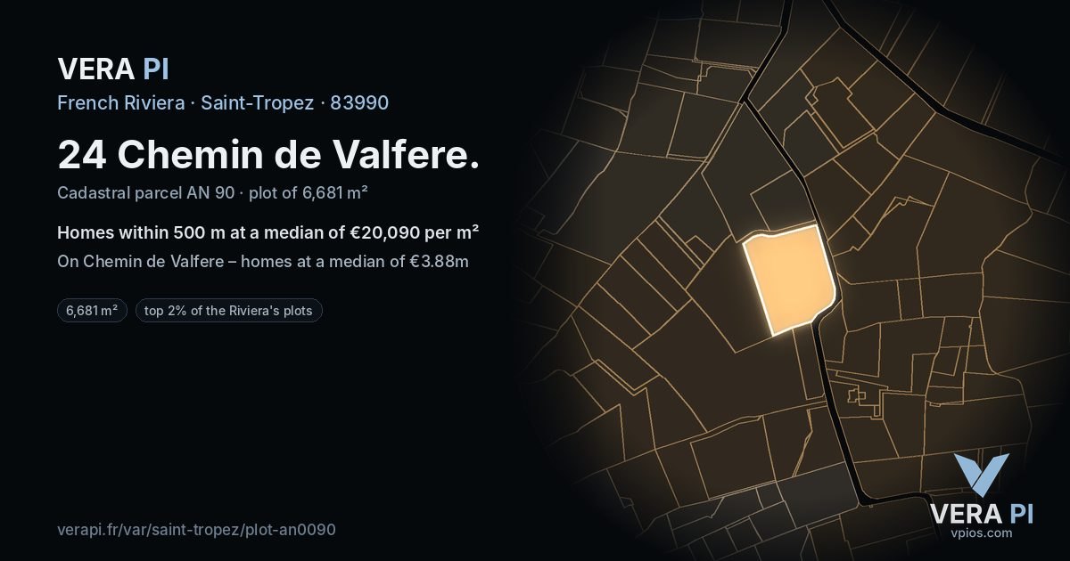 24 Chemin de Valfere, Saint-Tropez at night – the plot lit, the parcels around coloured by the prices near them
