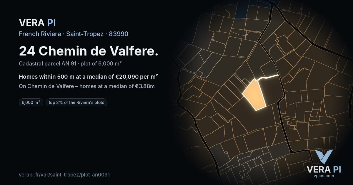 24 Chemin de Valfere, Saint-Tropez at night – the plot lit, the parcels around coloured by the prices near them