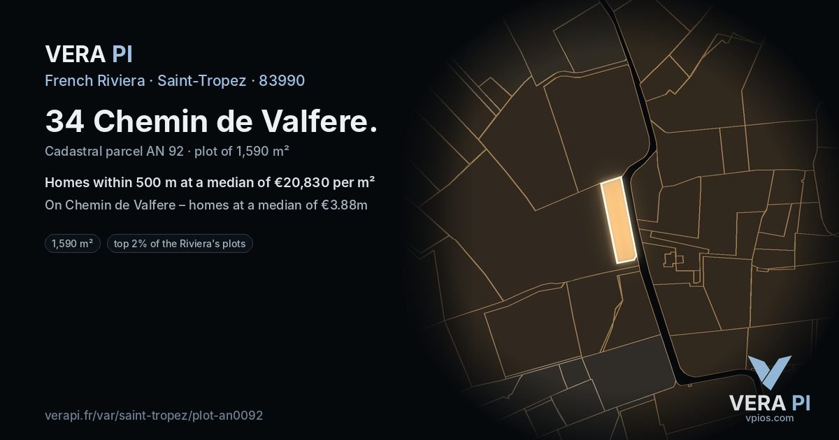 34 Chemin de Valfere, Saint-Tropez at night – the plot lit, the parcels around coloured by the prices near them