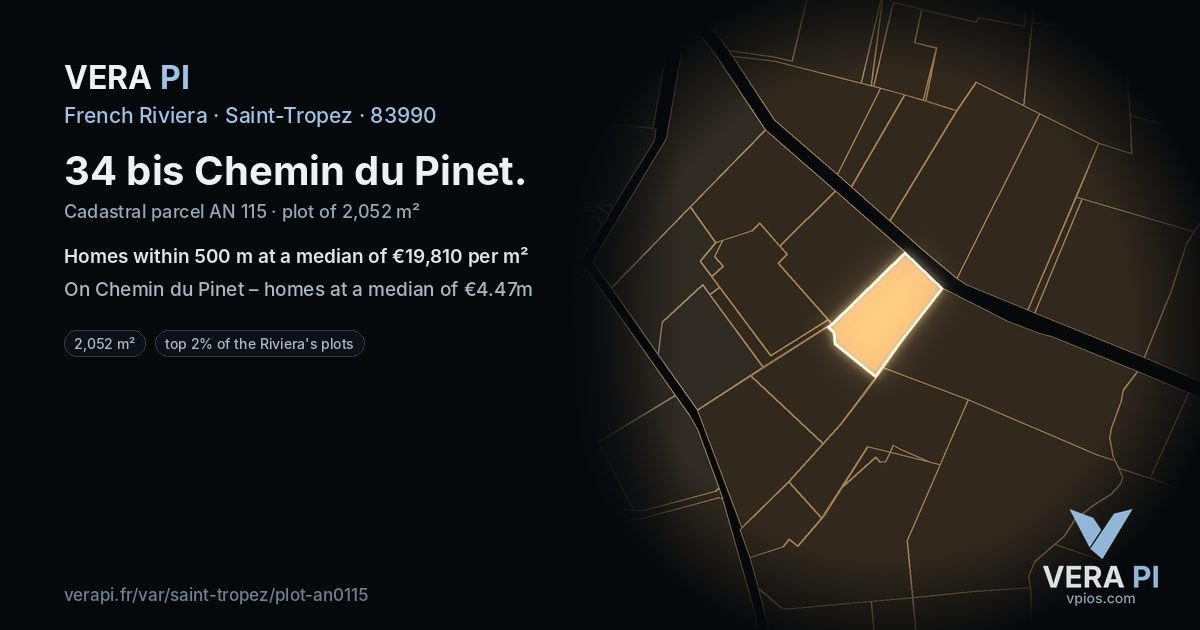 34 bis Chemin du Pinet, Saint-Tropez at night – the plot lit, the parcels around coloured by the prices near them