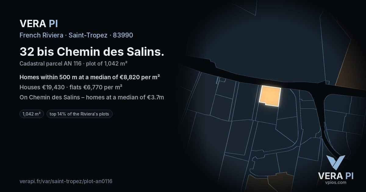 32 bis Chemin des Salins, Saint-Tropez at night – the plot lit, the parcels around coloured by the prices near them