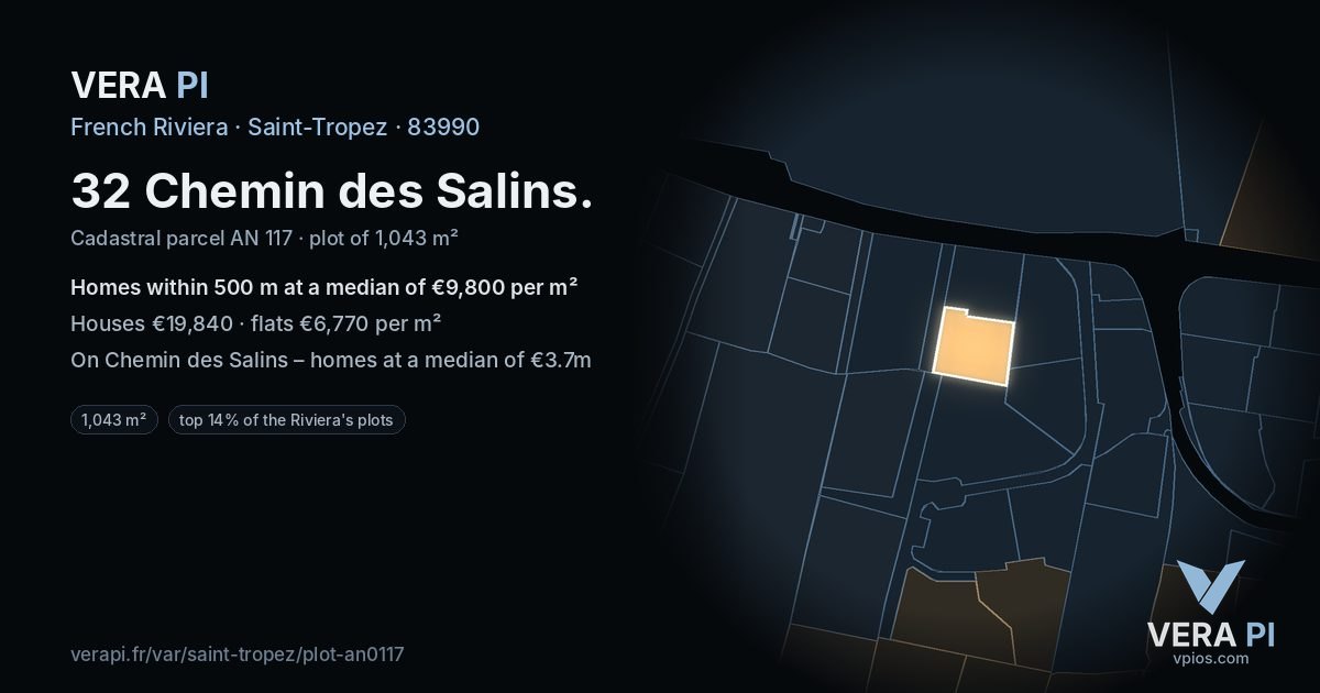 32 Chemin des Salins, Saint-Tropez at night – the plot lit, the parcels around coloured by the prices near them
