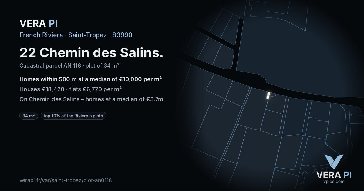 22 Chemin des Salins, Saint-Tropez at night – the plot lit, the parcels around coloured by the prices near them