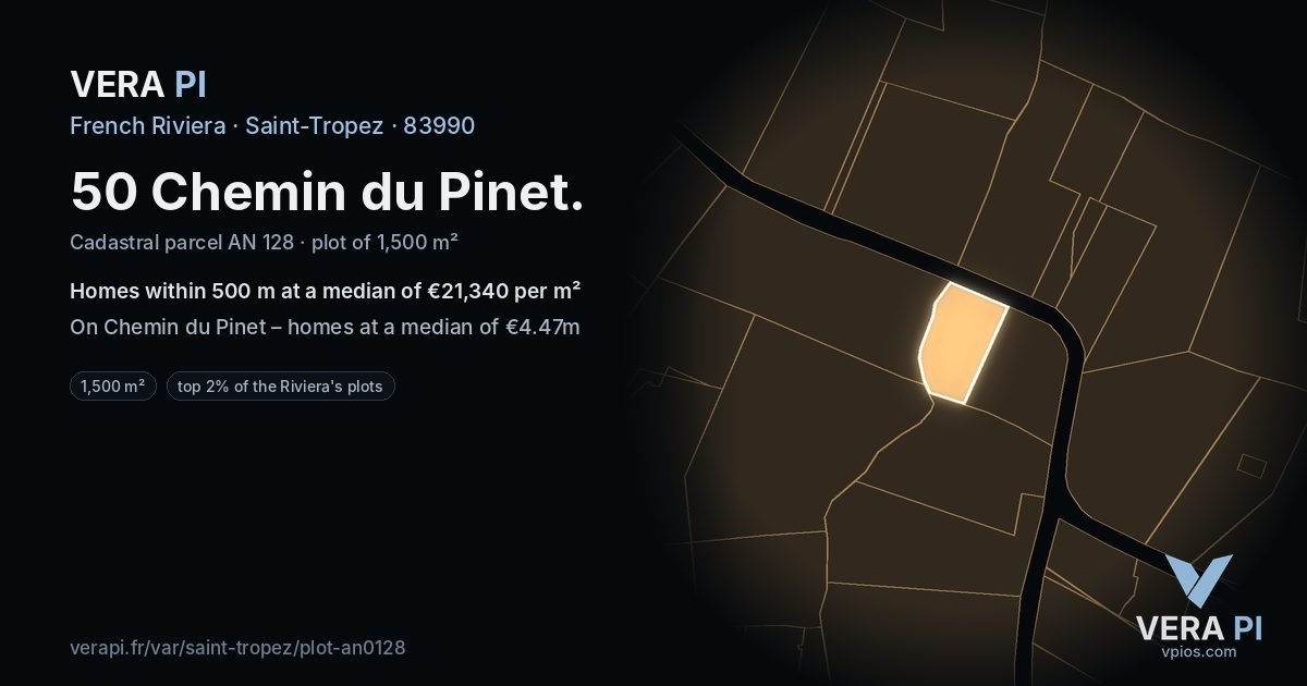 50 Chemin du Pinet, Saint-Tropez at night – the plot lit, the parcels around coloured by the prices near them