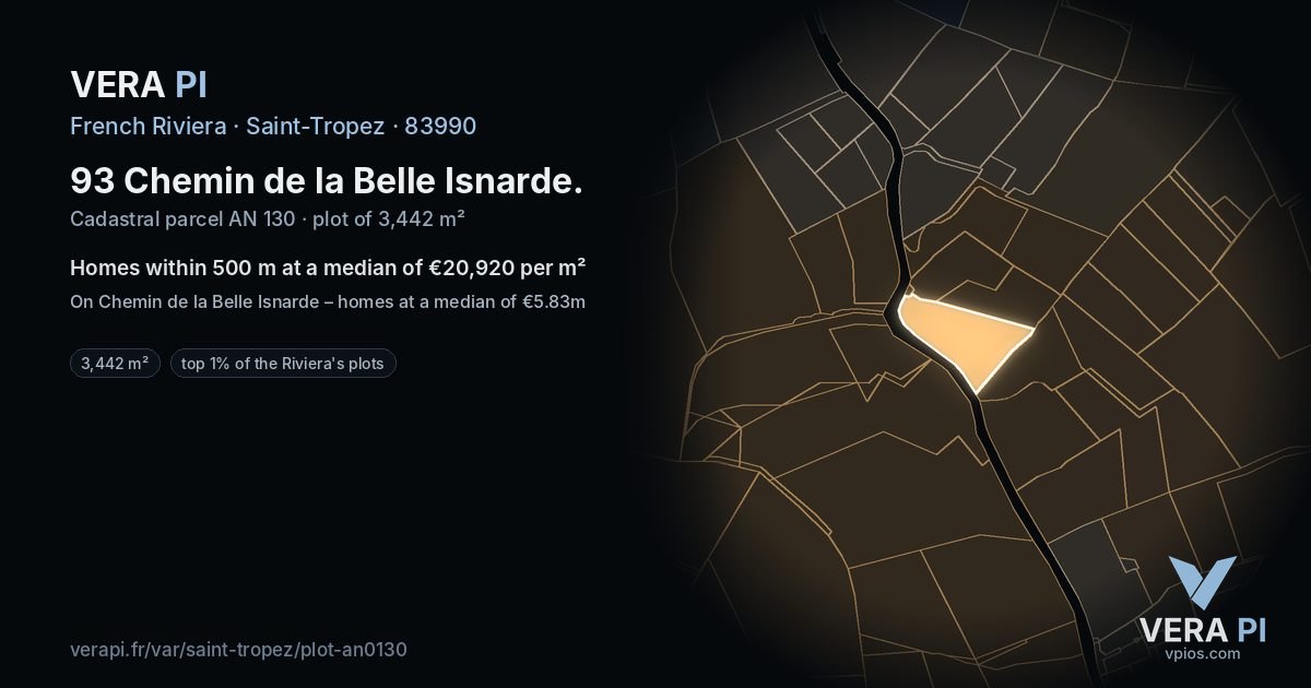 93 Chemin de la Belle Isnarde, Saint-Tropez at night – the plot lit, the parcels around coloured by the prices near them