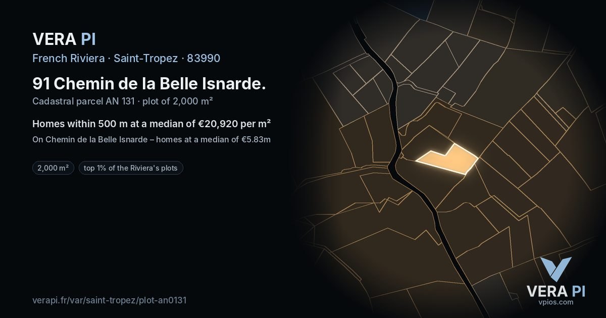 91 Chemin de la Belle Isnarde, Saint-Tropez at night – the plot lit, the parcels around coloured by the prices near them