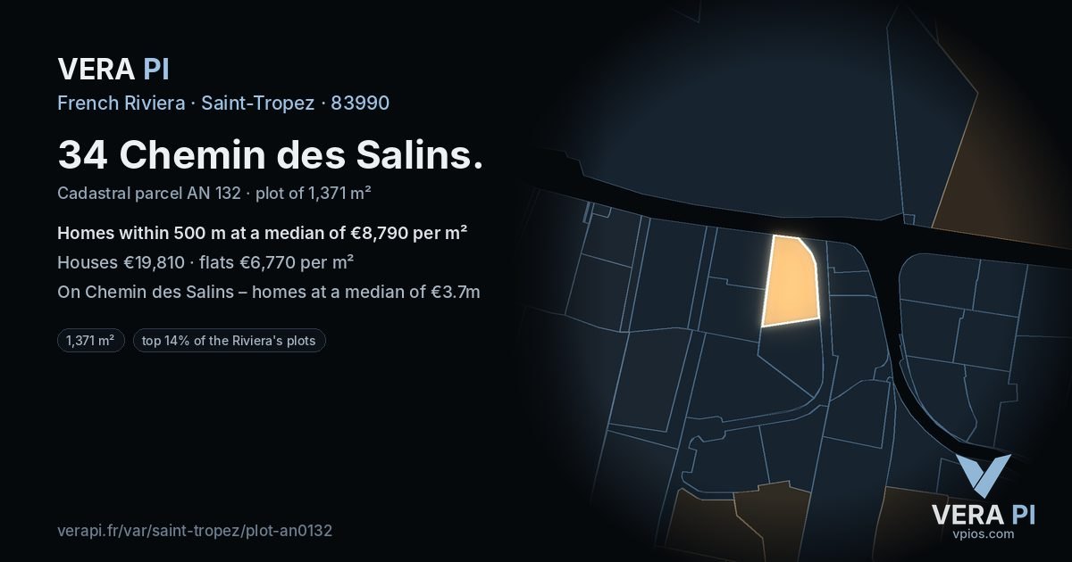 34 Chemin des Salins, Saint-Tropez at night – the plot lit, the parcels around coloured by the prices near them