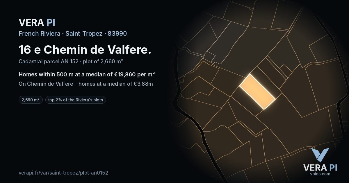 16 e Chemin de Valfere, Saint-Tropez at night – the plot lit, the parcels around coloured by the prices near them