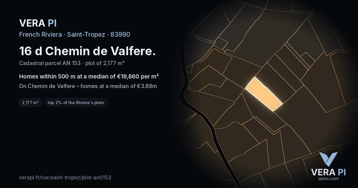 16 d Chemin de Valfere, Saint-Tropez at night – the plot lit, the parcels around coloured by the prices near them