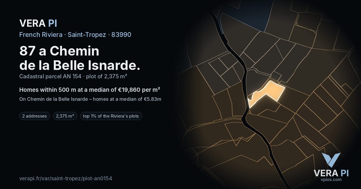 87 a Chemin de la Belle Isnarde, Saint-Tropez at night – the plot lit, the parcels around coloured by the prices near them