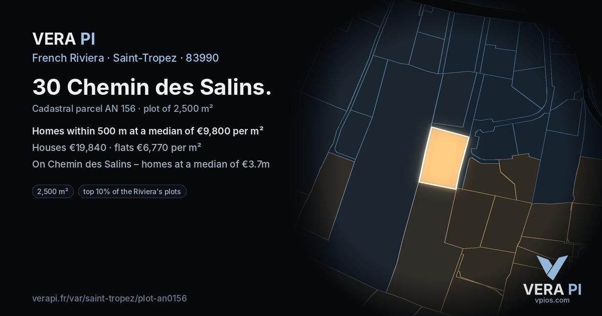 30 Chemin des Salins, Saint-Tropez at night – the plot lit, the parcels around coloured by the prices near them