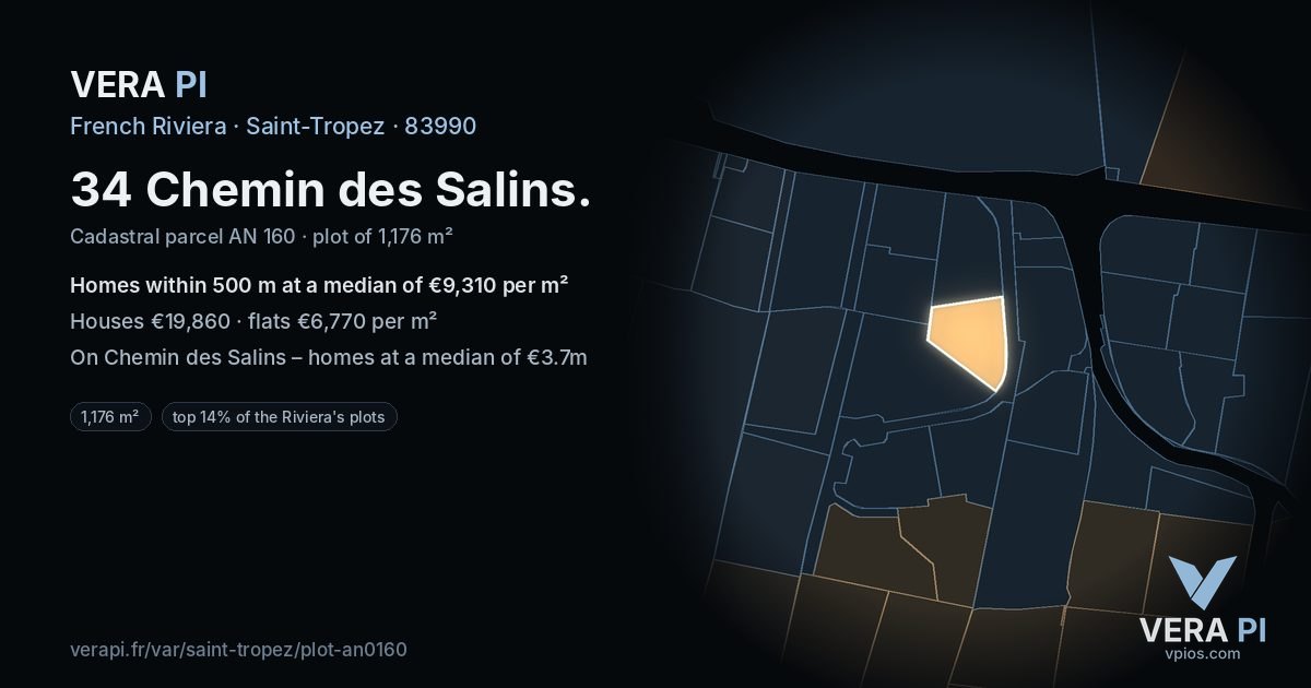 34 Chemin des Salins, Saint-Tropez at night – the plot lit, the parcels around coloured by the prices near them