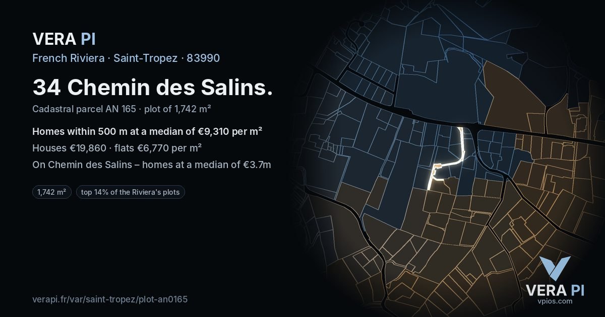 34 Chemin des Salins, Saint-Tropez at night – the plot lit, the parcels around coloured by the prices near them