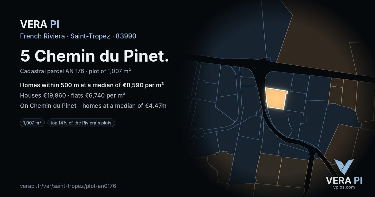 5 Chemin du Pinet, Saint-Tropez at night – the plot lit, the parcels around coloured by the prices near them