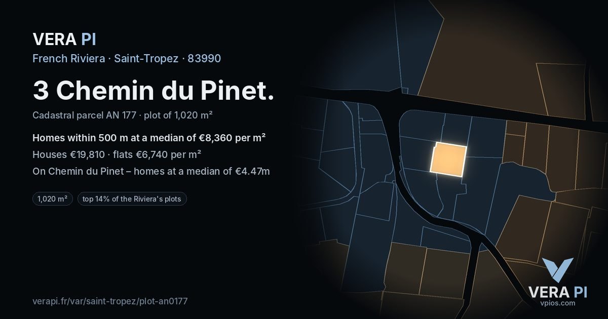 3 Chemin du Pinet, Saint-Tropez at night – the plot lit, the parcels around coloured by the prices near them