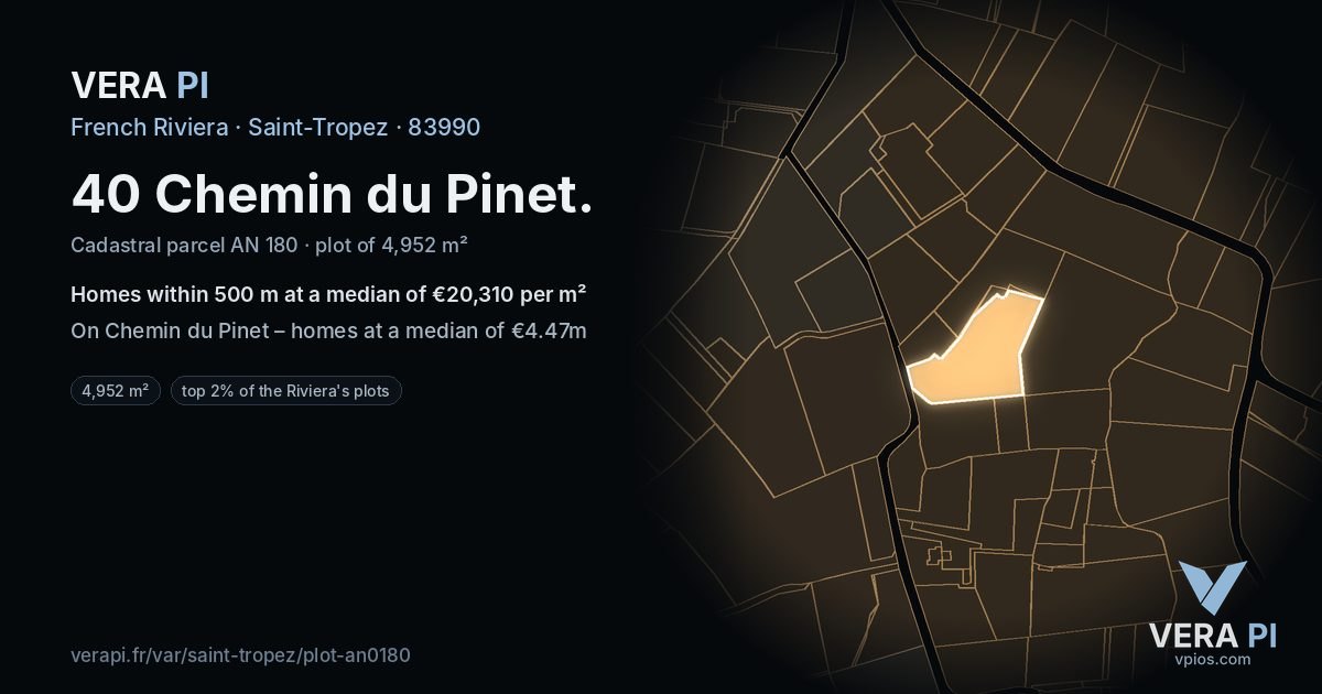 40 Chemin du Pinet, Saint-Tropez at night – the plot lit, the parcels around coloured by the prices near them