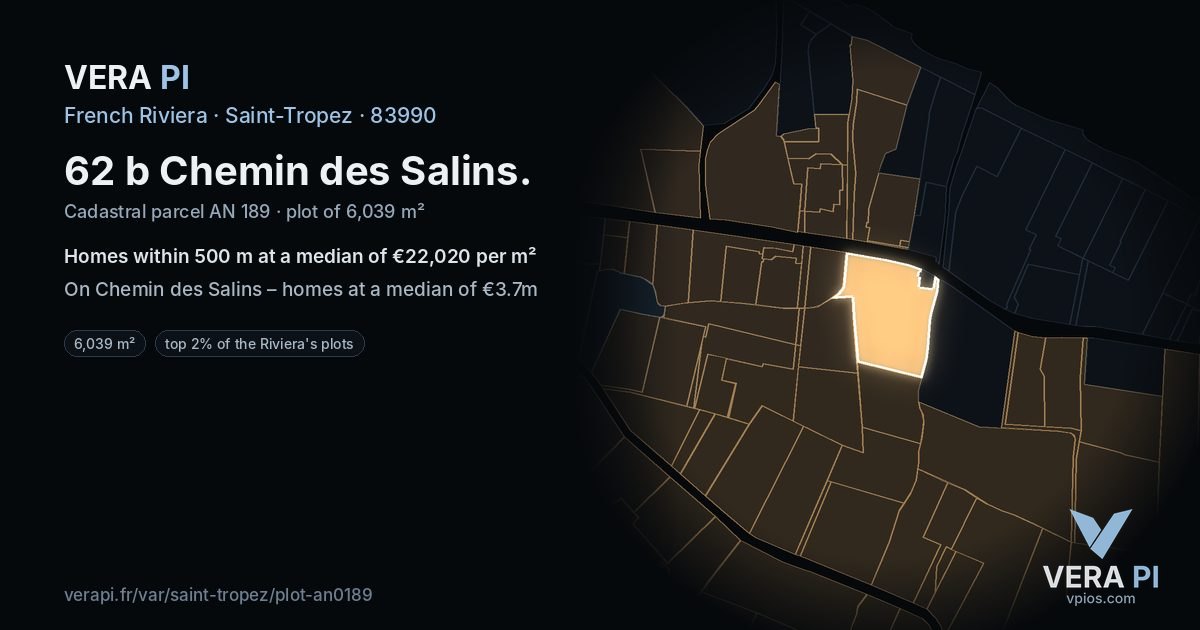 62 b Chemin des Salins, Saint-Tropez at night – the plot lit, the parcels around coloured by the prices near them