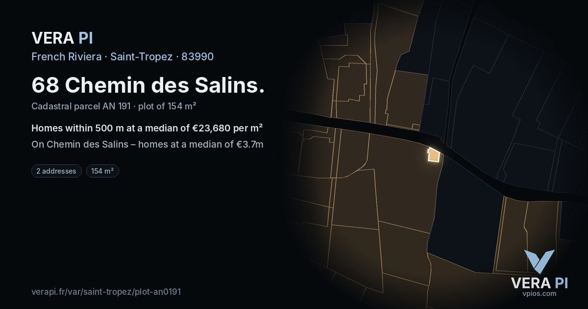 68 Chemin des Salins, Saint-Tropez at night – the plot lit, the parcels around coloured by the prices near them
