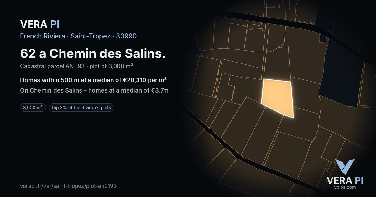 62 a Chemin des Salins, Saint-Tropez at night – the plot lit, the parcels around coloured by the prices near them