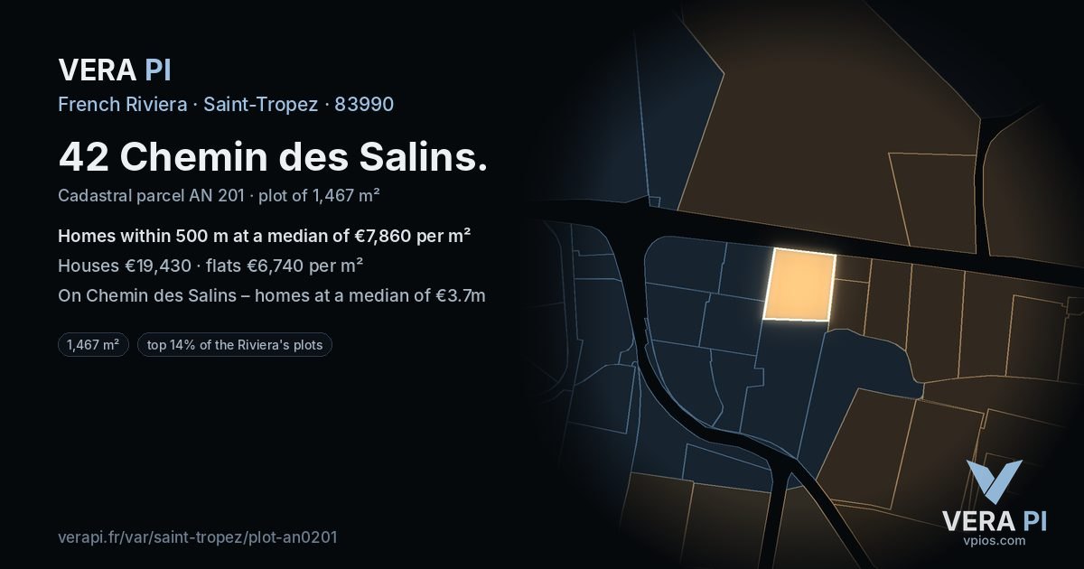 42 Chemin des Salins, Saint-Tropez at night – the plot lit, the parcels around coloured by the prices near them