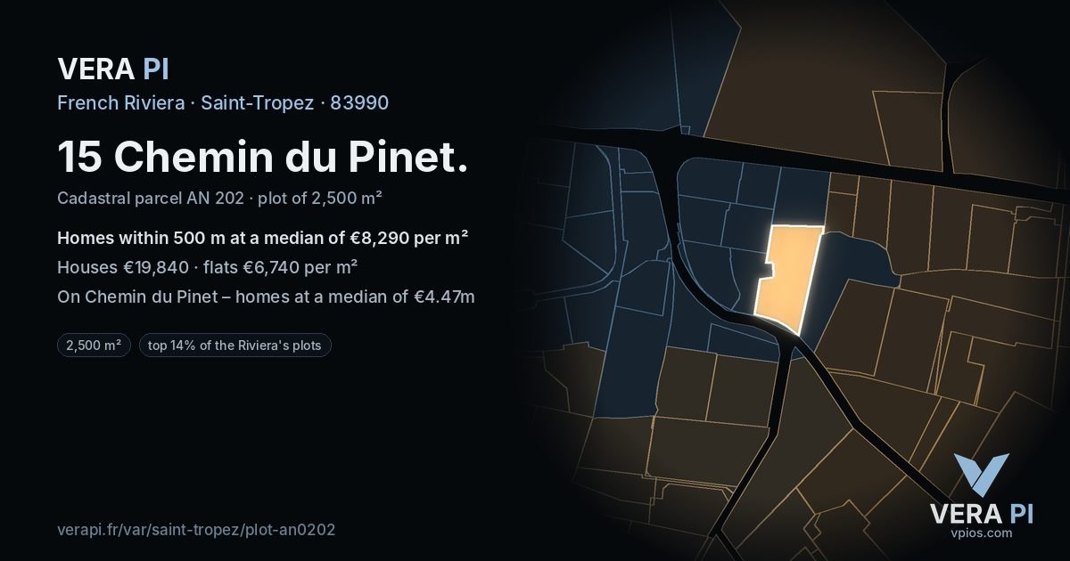 15 Chemin du Pinet, Saint-Tropez at night – the plot lit, the parcels around coloured by the prices near them