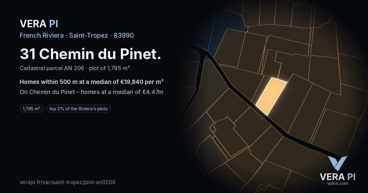 31 Chemin du Pinet, Saint-Tropez at night – the plot lit, the parcels around coloured by the prices near them