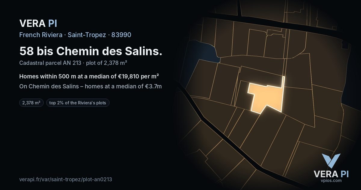58 bis Chemin des Salins, Saint-Tropez at night – the plot lit, the parcels around coloured by the prices near them