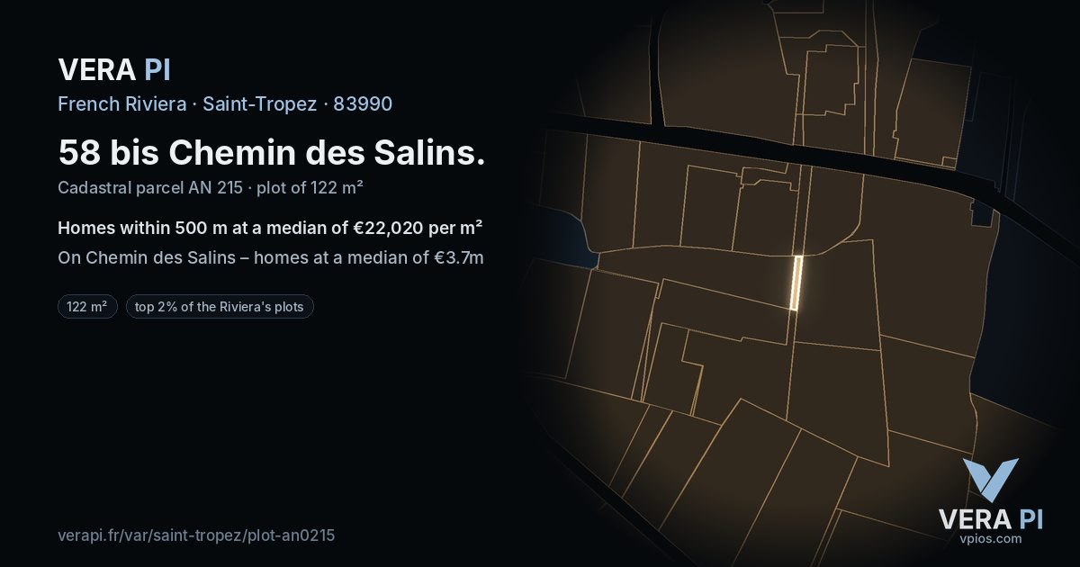 58 bis Chemin des Salins, Saint-Tropez at night – the plot lit, the parcels around coloured by the prices near them
