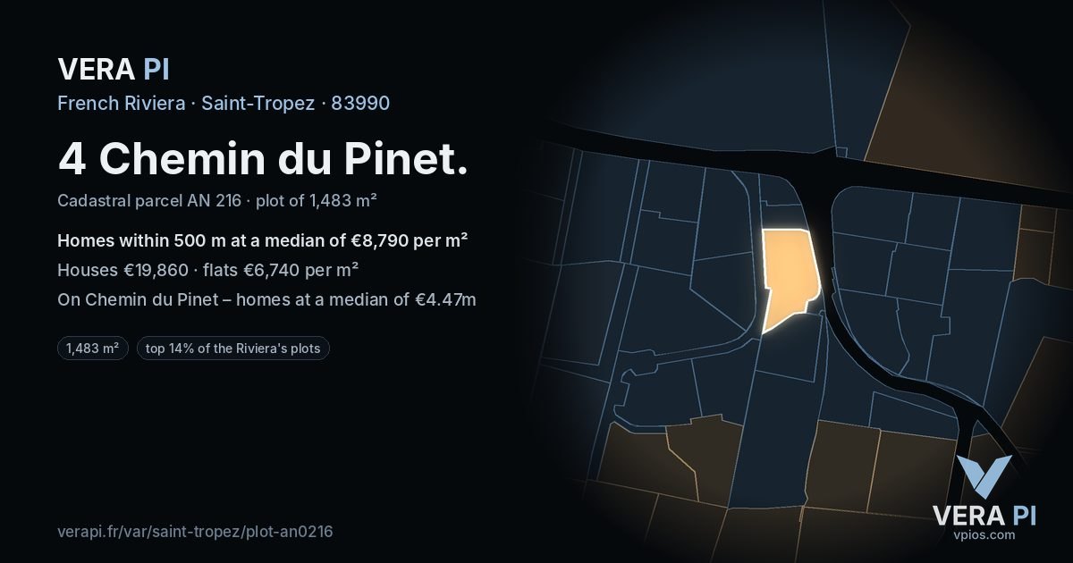 4 Chemin du Pinet, Saint-Tropez at night – the plot lit, the parcels around coloured by the prices near them