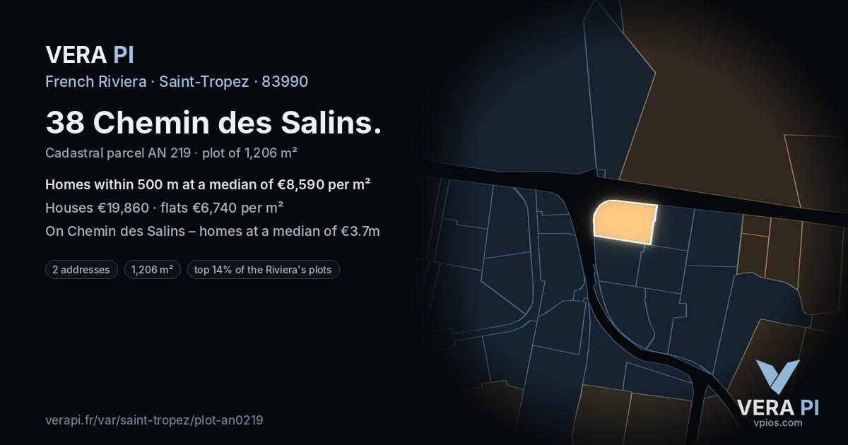 38 Chemin des Salins, Saint-Tropez at night – the plot lit, the parcels around coloured by the prices near them