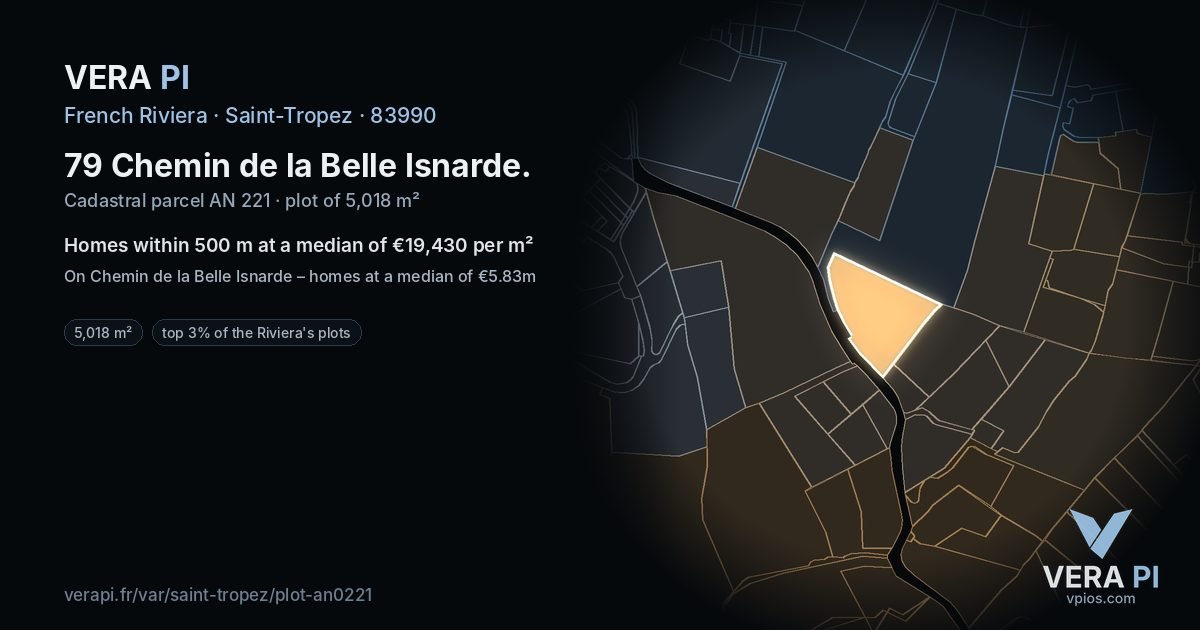 79 Chemin de la Belle Isnarde, Saint-Tropez at night – the plot lit, the parcels around coloured by the prices near them