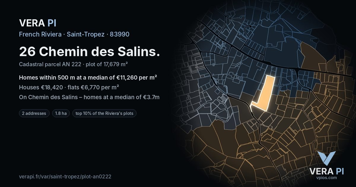 26 Chemin des Salins, Saint-Tropez at night – the plot lit, the parcels around coloured by the prices near them