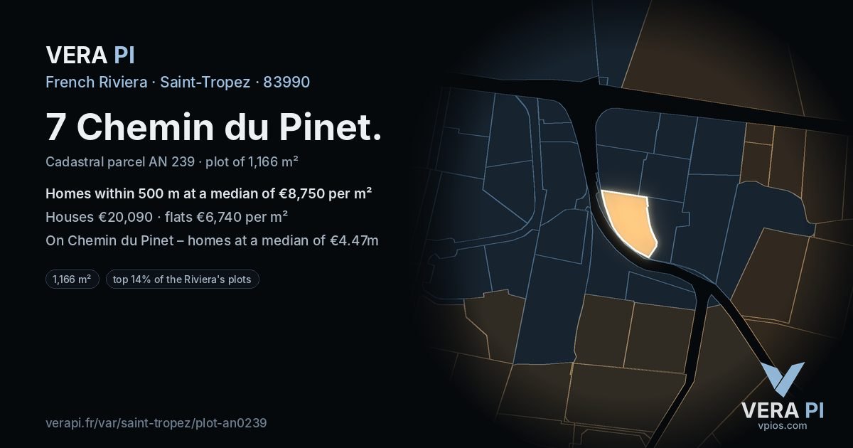 7 Chemin du Pinet, Saint-Tropez at night – the plot lit, the parcels around coloured by the prices near them