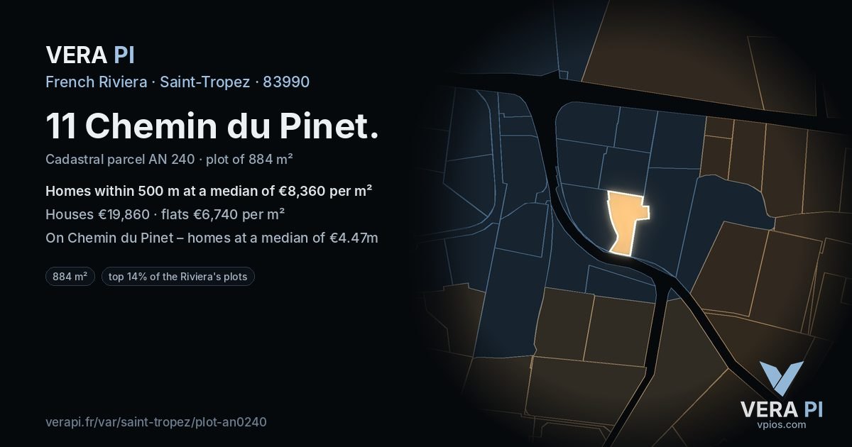 11 Chemin du Pinet, Saint-Tropez at night – the plot lit, the parcels around coloured by the prices near them