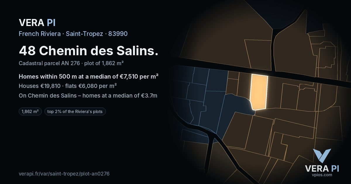 48 Chemin des Salins, Saint-Tropez at night – the plot lit, the parcels around coloured by the prices near them
