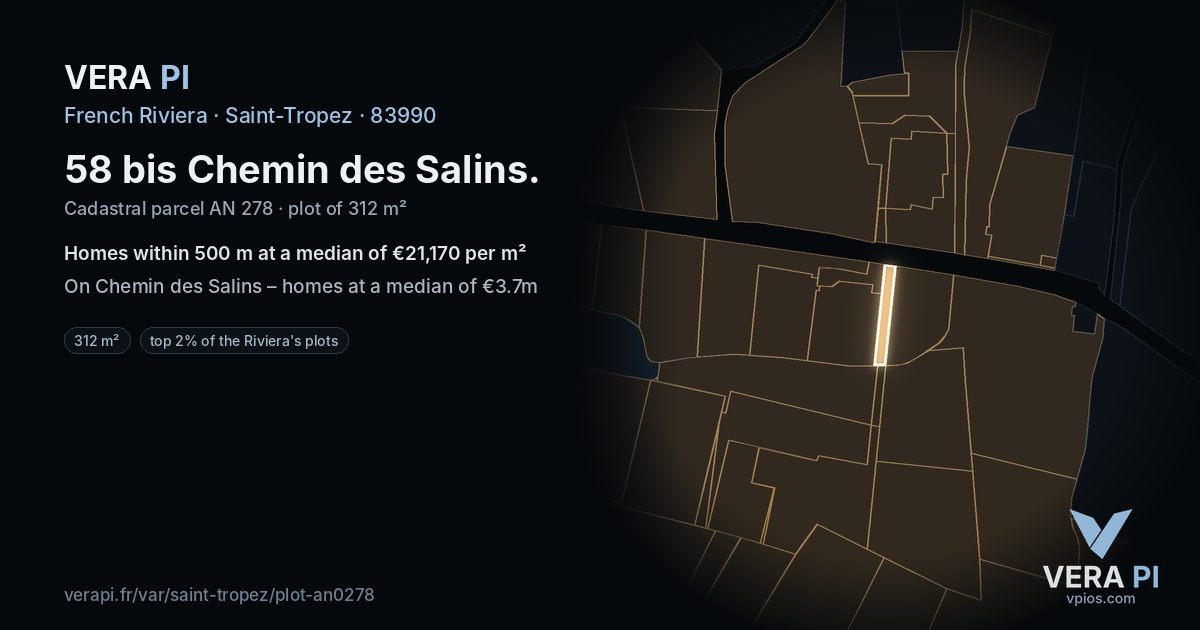 58 bis Chemin des Salins, Saint-Tropez at night – the plot lit, the parcels around coloured by the prices near them