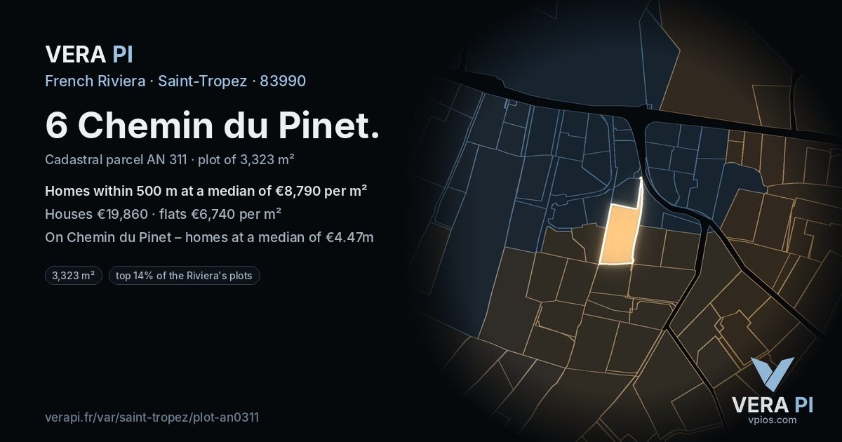 6 Chemin du Pinet, Saint-Tropez at night – the plot lit, the parcels around coloured by the prices near them