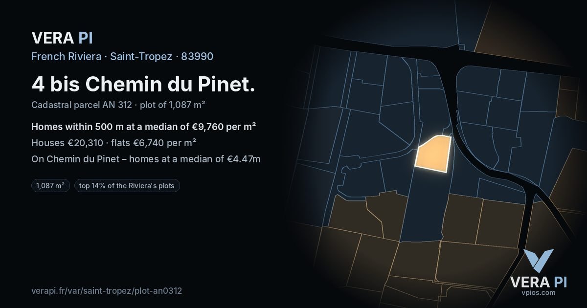 4 bis Chemin du Pinet, Saint-Tropez at night – the plot lit, the parcels around coloured by the prices near them