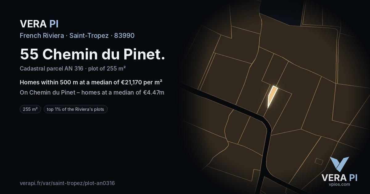 55 Chemin du Pinet, Saint-Tropez at night – the plot lit, the parcels around coloured by the prices near them