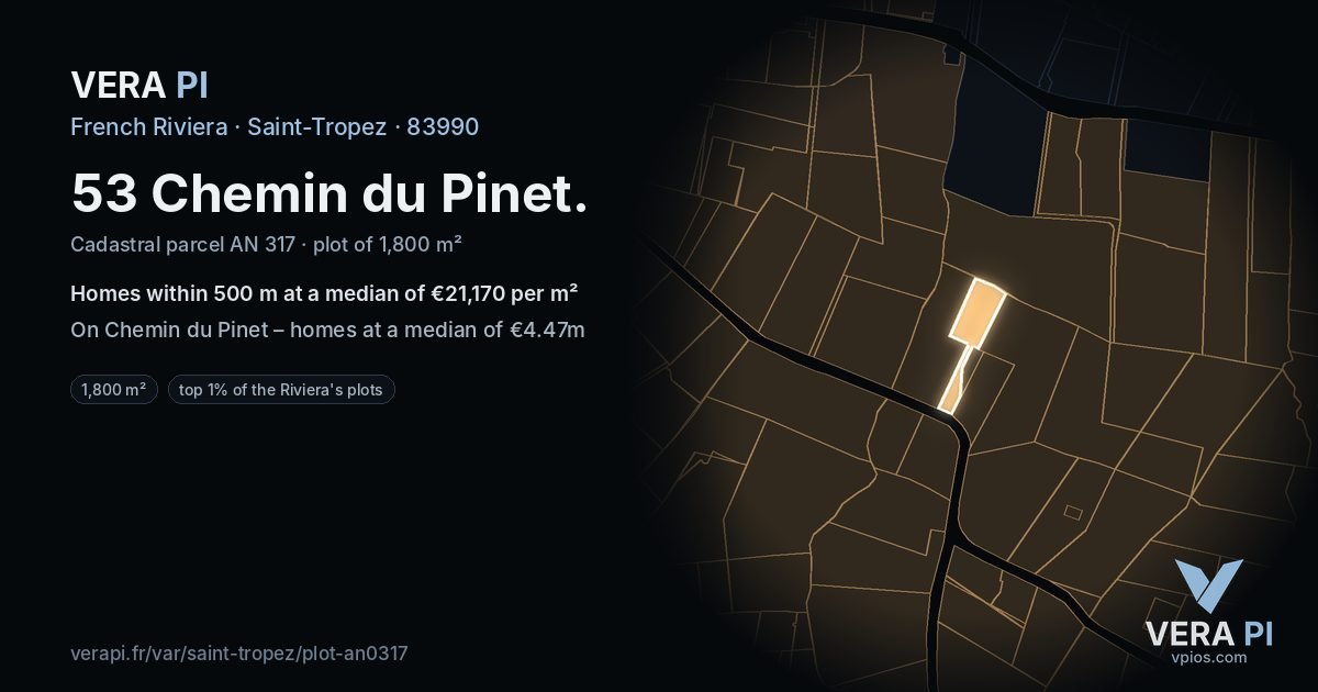 53 Chemin du Pinet, Saint-Tropez at night – the plot lit, the parcels around coloured by the prices near them