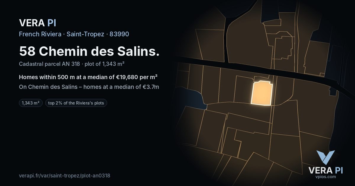 58 Chemin des Salins, Saint-Tropez at night – the plot lit, the parcels around coloured by the prices near them
