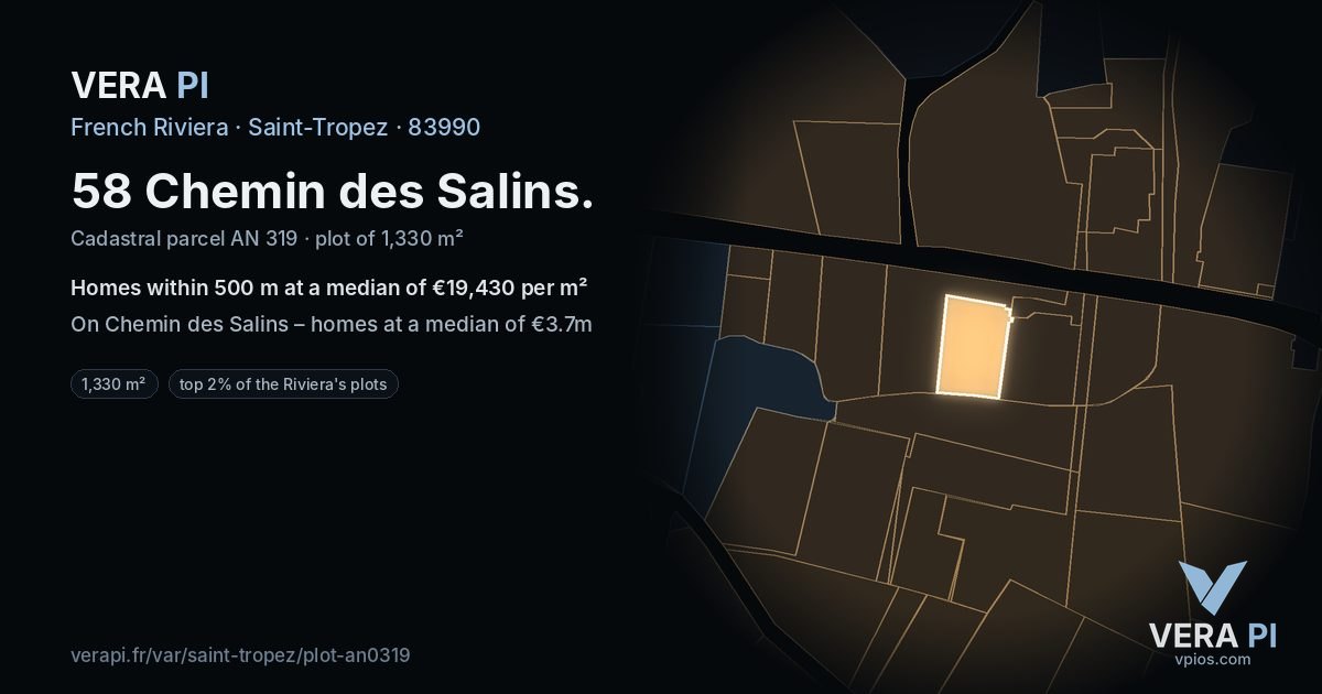 58 Chemin des Salins, Saint-Tropez at night – the plot lit, the parcels around coloured by the prices near them