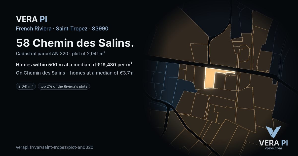 58 Chemin des Salins, Saint-Tropez at night – the plot lit, the parcels around coloured by the prices near them