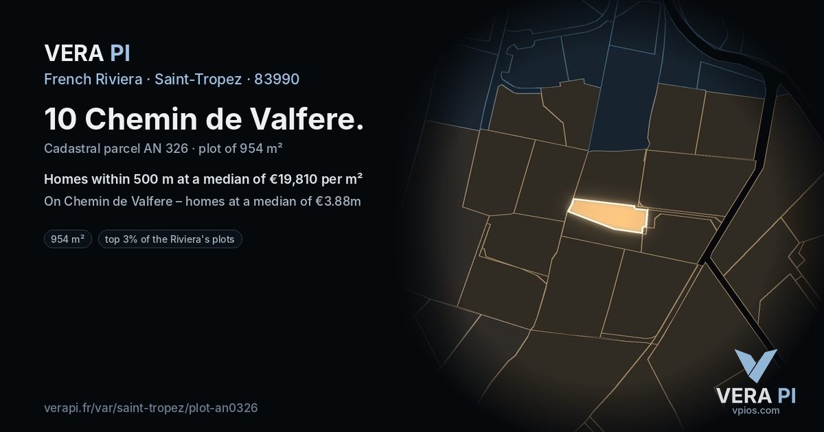 10 Chemin de Valfere, Saint-Tropez at night – the plot lit, the parcels around coloured by the prices near them