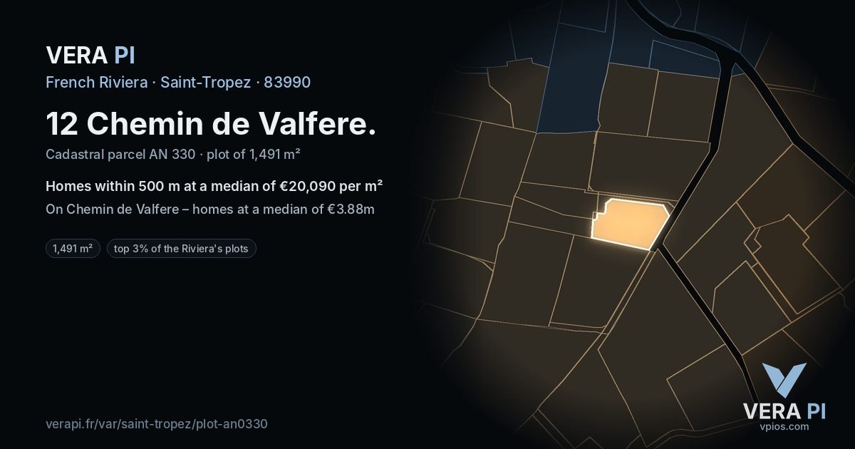 12 Chemin de Valfere, Saint-Tropez at night – the plot lit, the parcels around coloured by the prices near them