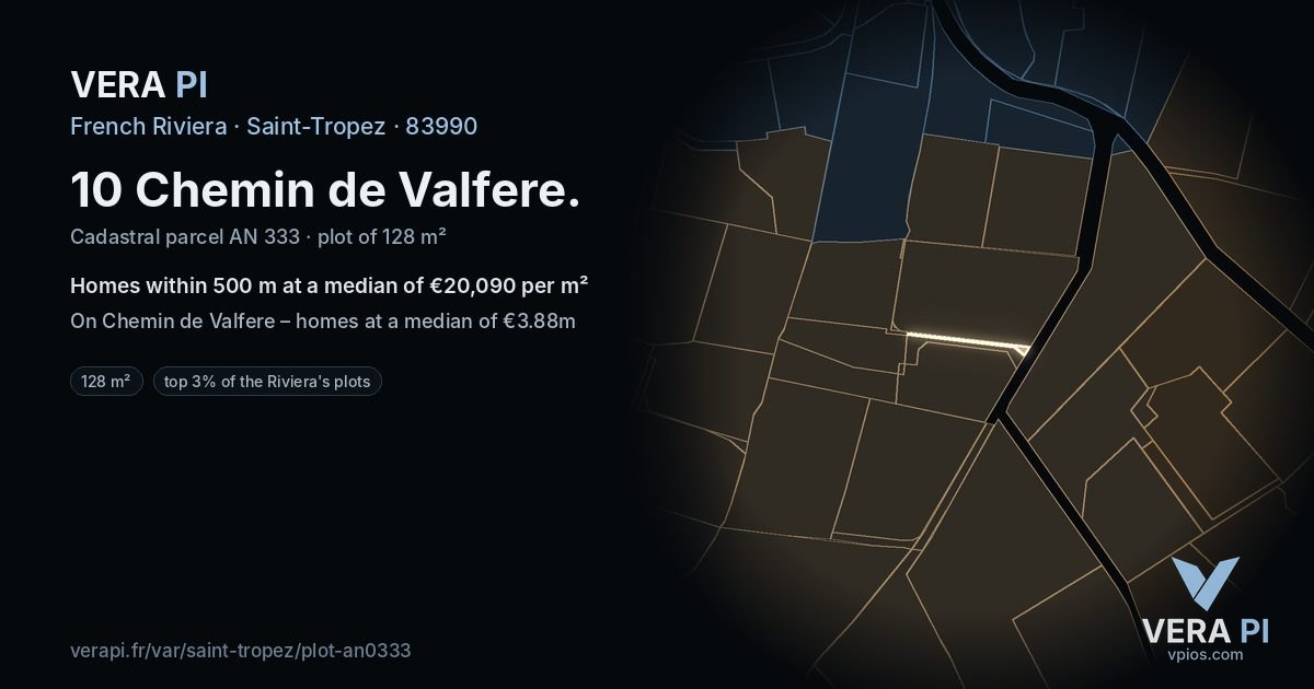 10 Chemin de Valfere, Saint-Tropez at night – the plot lit, the parcels around coloured by the prices near them