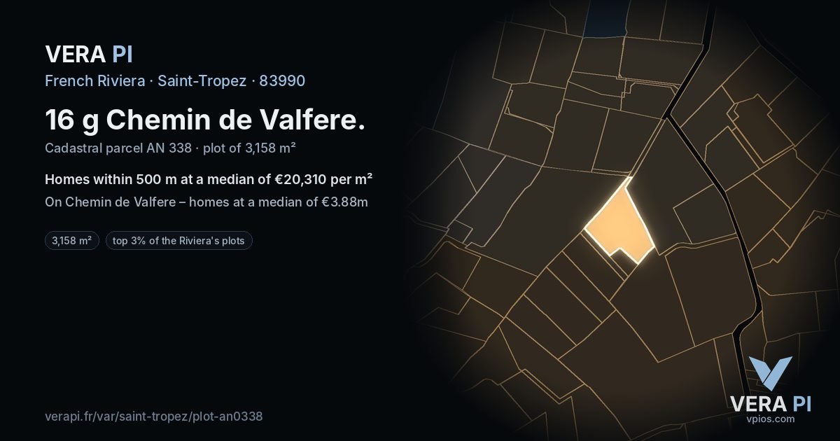 16 g Chemin de Valfere, Saint-Tropez at night – the plot lit, the parcels around coloured by the prices near them