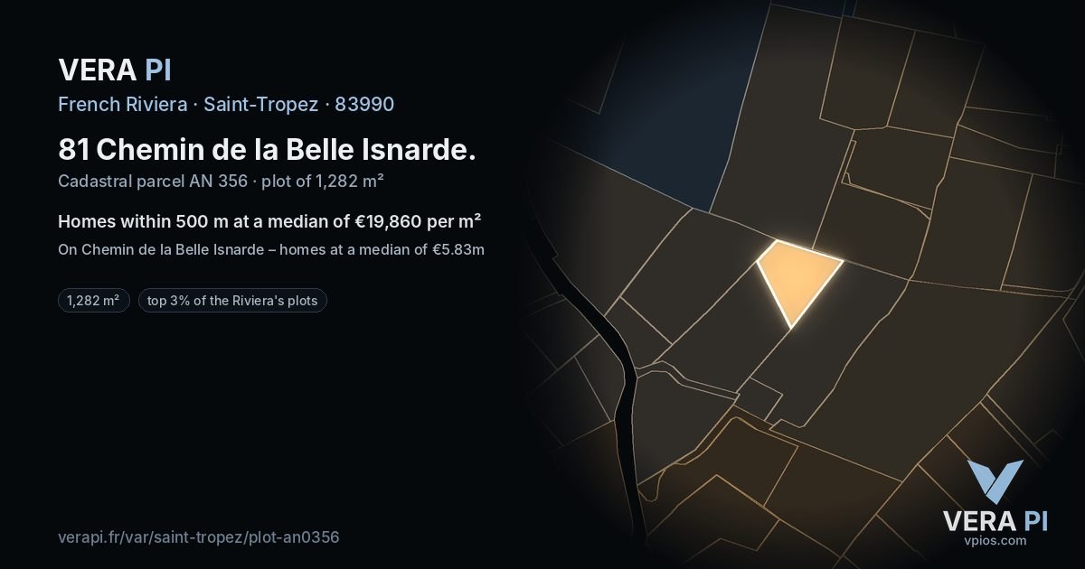 81 Chemin de la Belle Isnarde, Saint-Tropez at night – the plot lit, the parcels around coloured by the prices near them