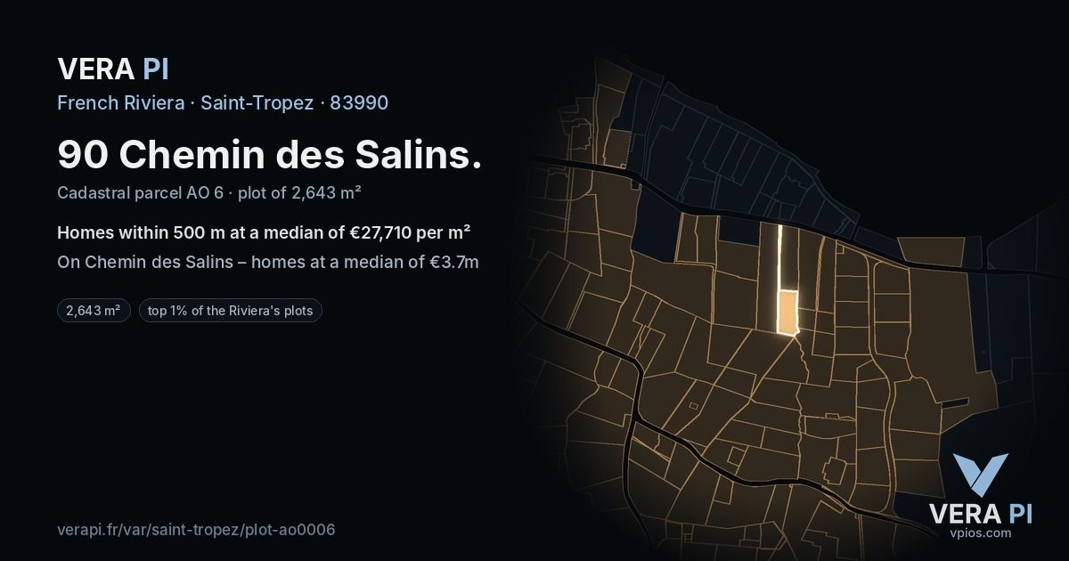 90 Chemin des Salins, Saint-Tropez at night – the plot lit, the parcels around coloured by the prices near them