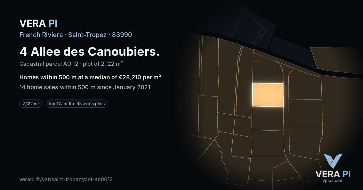 4 Allee des Canoubiers, Saint-Tropez at night – the plot lit, the parcels around coloured by the prices near them